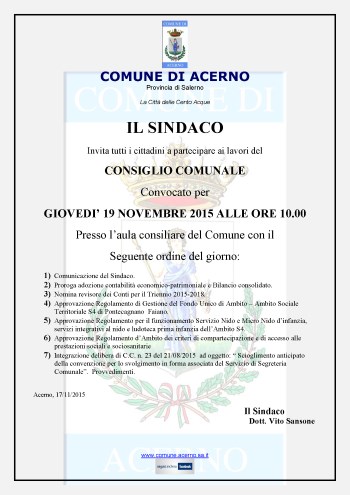 convocazione consiglio comunale 19 novembre 2015